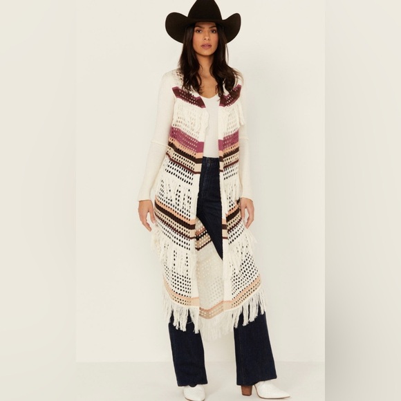 SHYANNE Women’s Long Striped Crochet Fringe Sweater Vest Duster Rodeo Boho S/M - Picture 1 of 12
